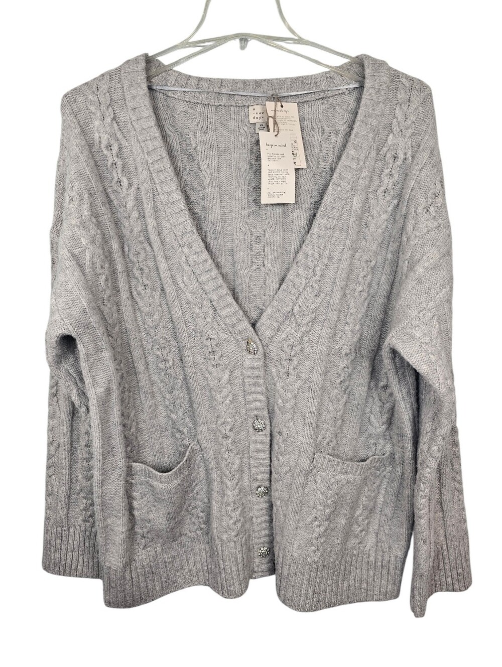 A New Day Gray Cable-Knit Oversized Rhinestone Button Cardigan Sweater Women XL